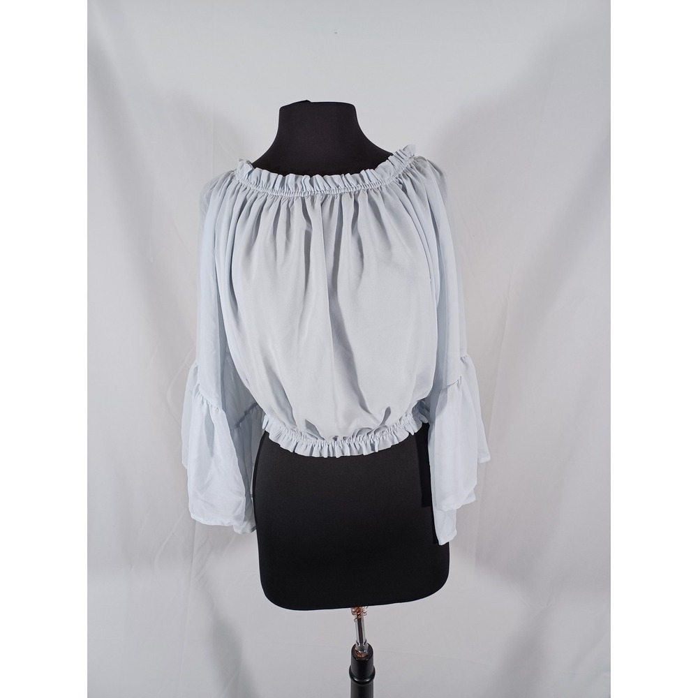 Shinestar Off Shoulder Blouse Womens Large Light Blue Long Bell Sleeve Boho Top